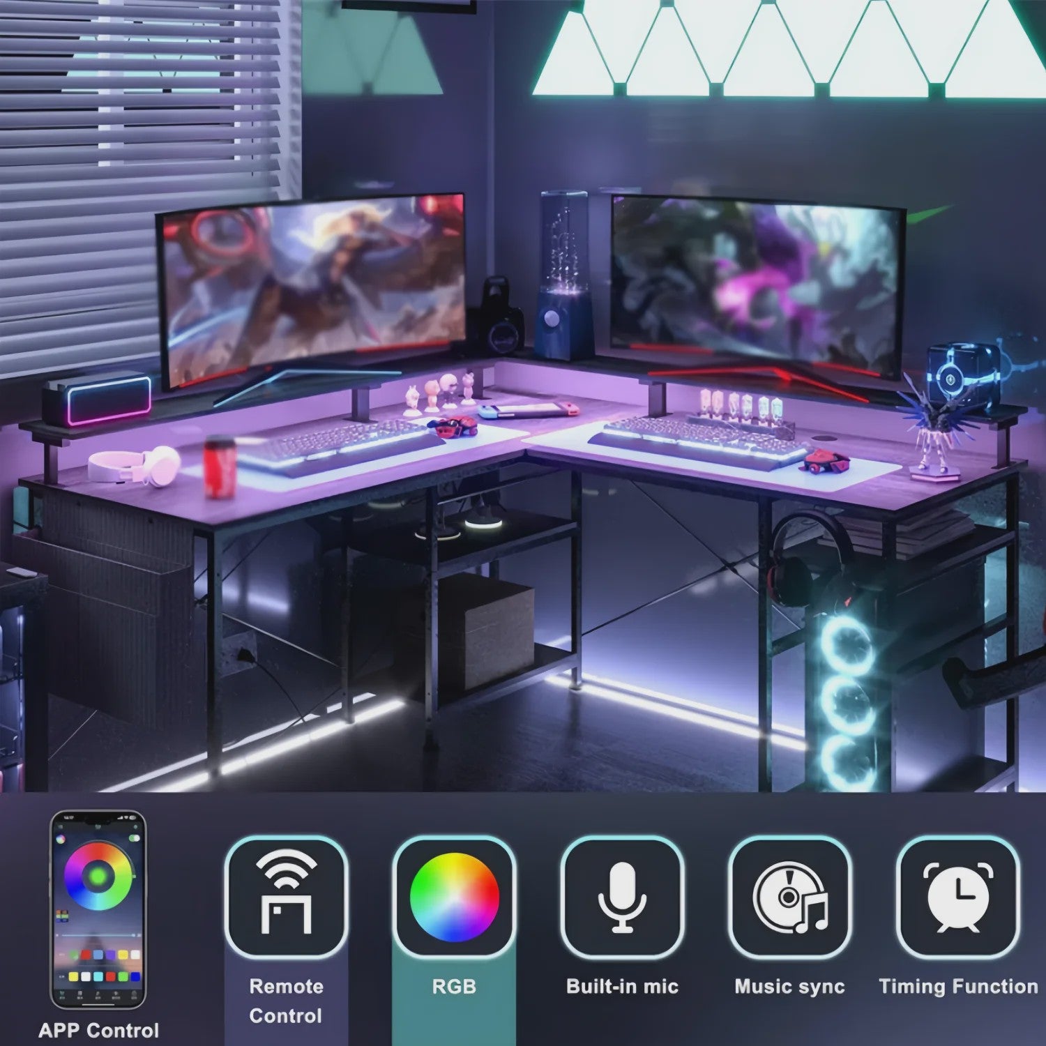 L-vormig Bureau met LED Verlichting, Stopcontacten en USB-poorten - Modern Grijs Design