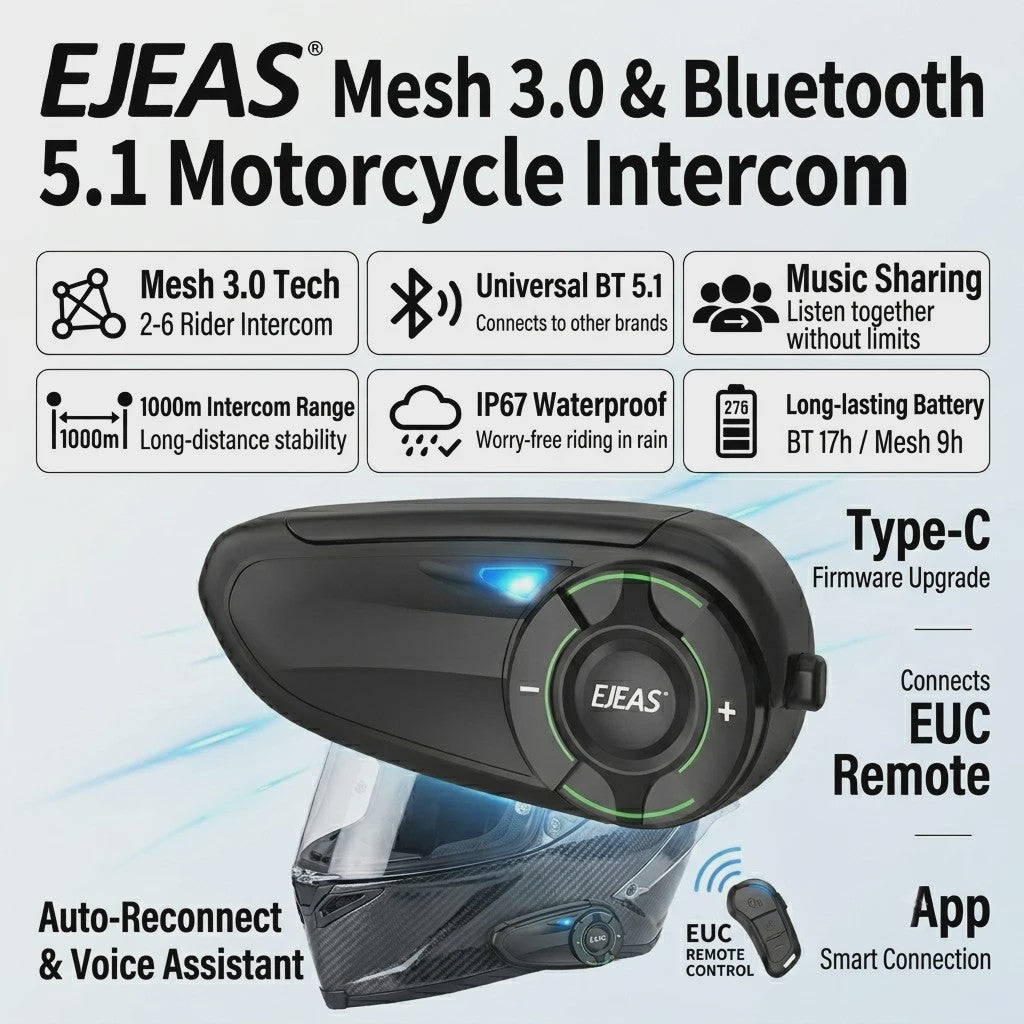 EJEAS Q8 Motorhelm Intercom Systeem - Bluetooth 5.1, IP67 Waterdicht & Draadloze Oortelefoon