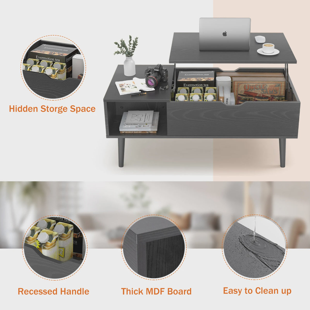 Verstelbare Lift Top Salontafel met Ruime Opbergruimte - 100x50 cm
