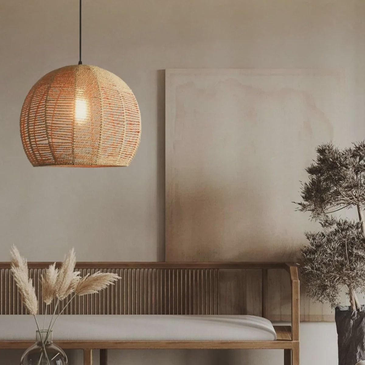 Handgeweven Rotan Hanglamp - Boho Stijl Papier Touw Plafondlamp voor Woonkamer & Slaapkamer