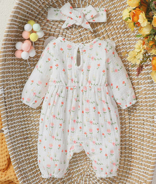 Schattige Baby Meisjes Jumpsuit met Bloemenprint, Lange Mouwen, Strikjes & Hoofdband - 0-6 Maanden