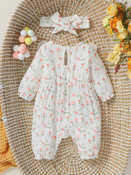 Schattige Baby Meisjes Jumpsuit met Bloemenprint, Lange Mouwen, Strikjes & Hoofdband - 0-6 Maanden