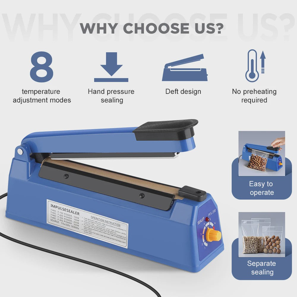 200mm Impuls Sealer: Professionele Hitteverzegelaar voor Voedsel, Plastic & Kraft Zakken