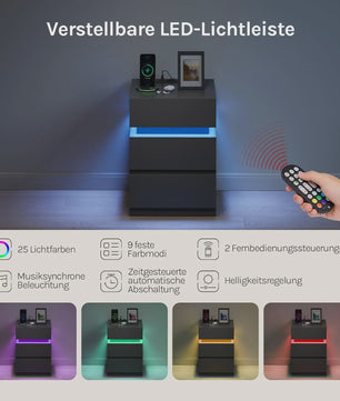 Stijlvol Nachtkastje met LED Verlichting, 2 Lades en USB Opladen - Wit/Zwart