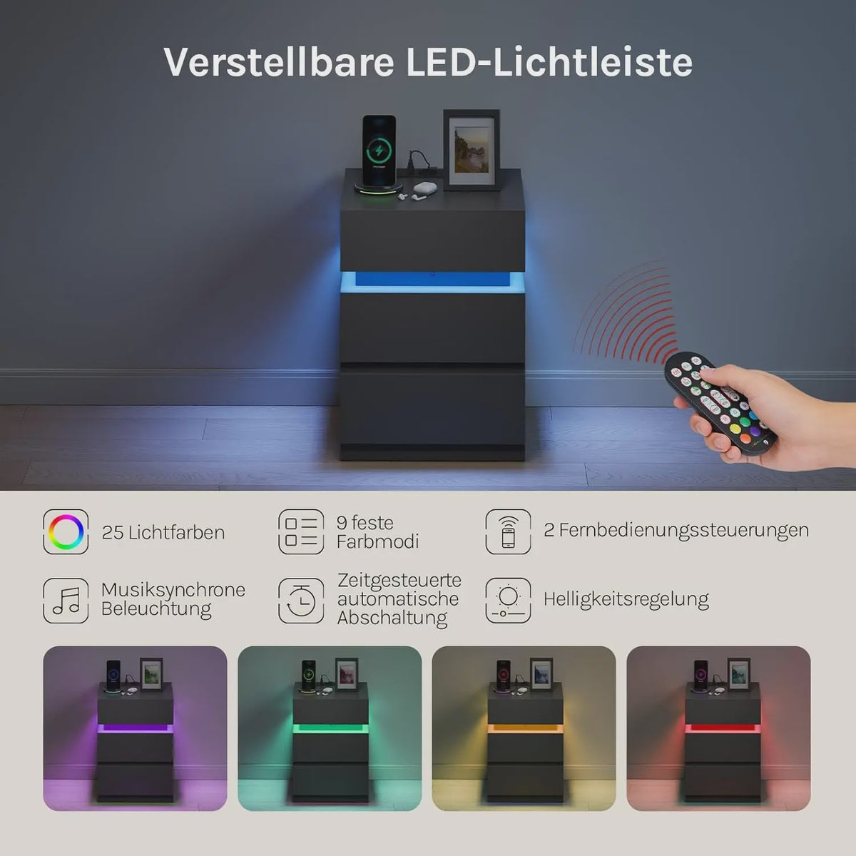 Stijlvol Nachtkastje met LED Verlichting, 2 Lades en USB Opladen - Wit/Zwart