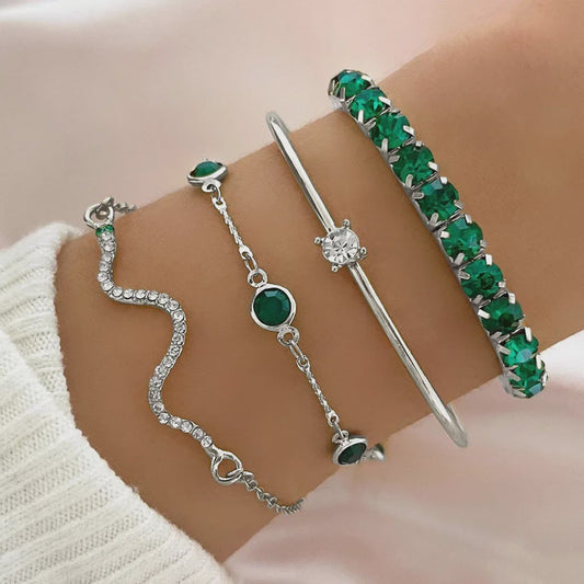 Set van 4 Luxe Armbanden met Groene Edelstenen en Strass - Stijlvolle Sieraden voor Dames