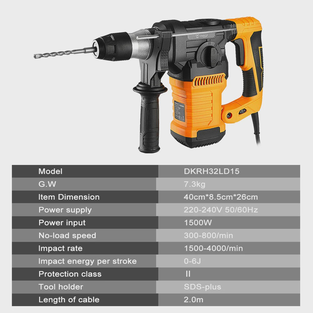DEKO DKRH32LD1 1500W Multifunctionele Klopboormachine met SDS-Plus en 4 Functies