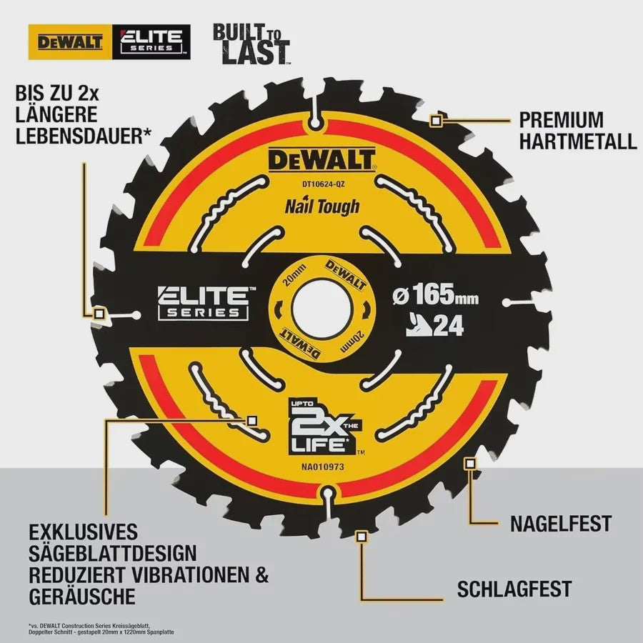 DeWalt DT10624-A9 Cirkelzaagblad 165mm x 20mm, 24T - Voor Houtbewerking & Constructie