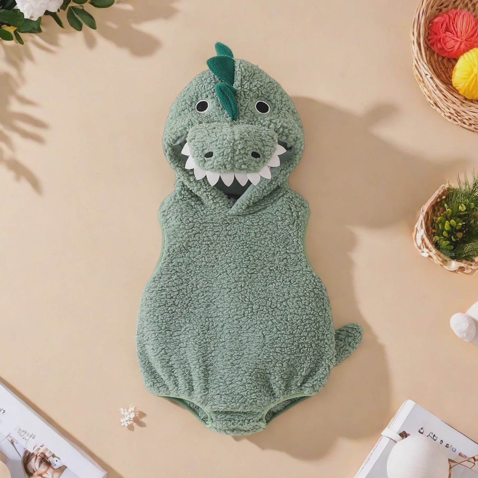 Schattige Baby Dino Overall met Capuchon - Zacht Pluche voor Halloween & Feestjes