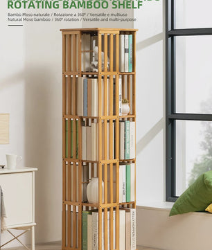 Draaibare Bamboe Boekenkast 5 Niveaus - 360° Rotatie, Verticale Opslag