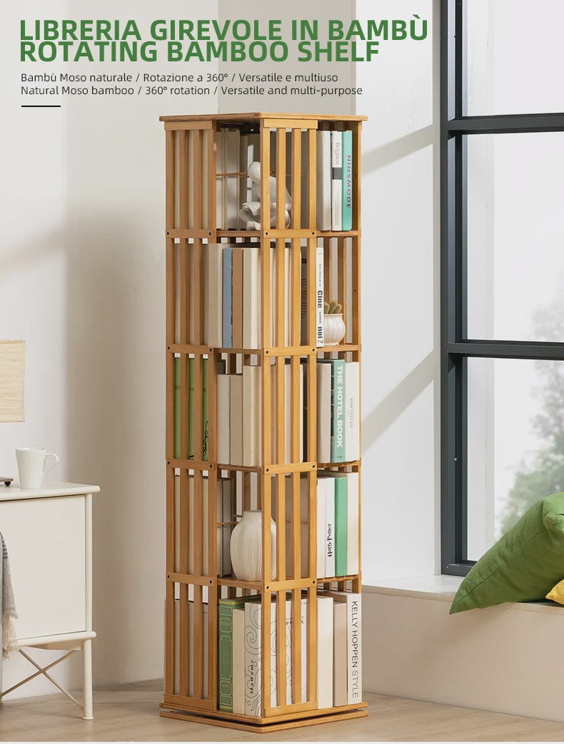 Draaibare Bamboe Boekenkast 5 Niveaus - 360° Rotatie, Verticale Opslag