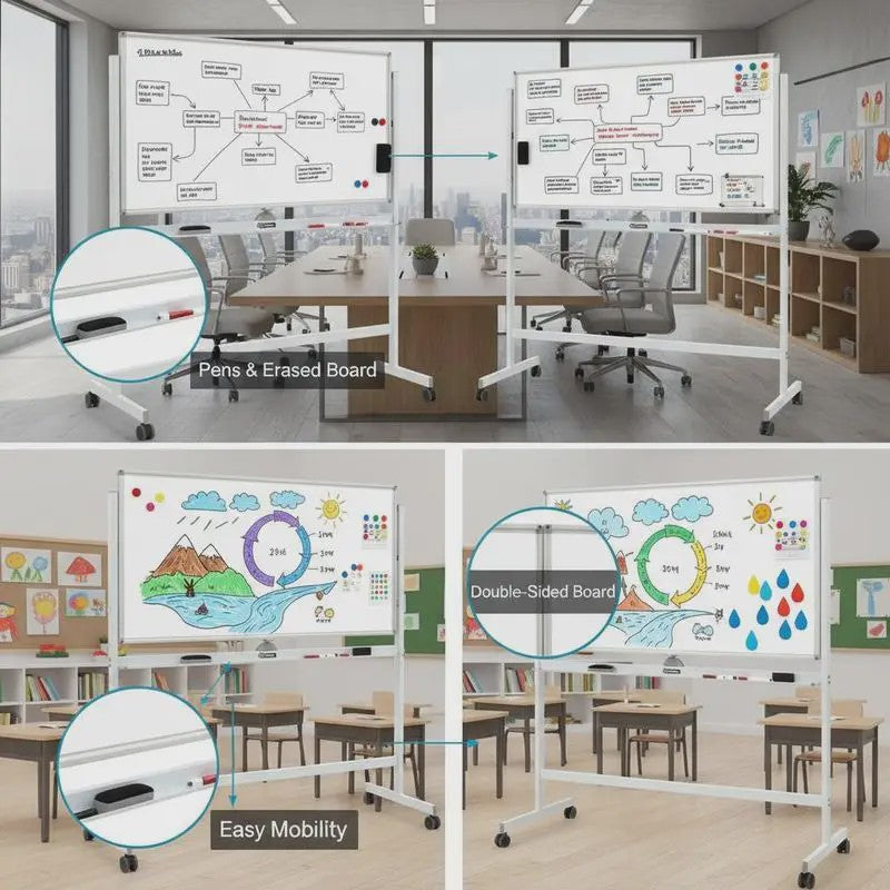 Dubbelzijdig Mobiel Whiteboard 120x60cm met Magneten, Pennen en Gum
