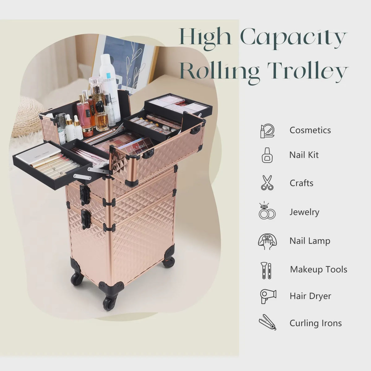 3-in-1 Make-up Trolley Koffer op Wielen - Verwijderbaar & Afsluitbaar - Professionele Make-up Case