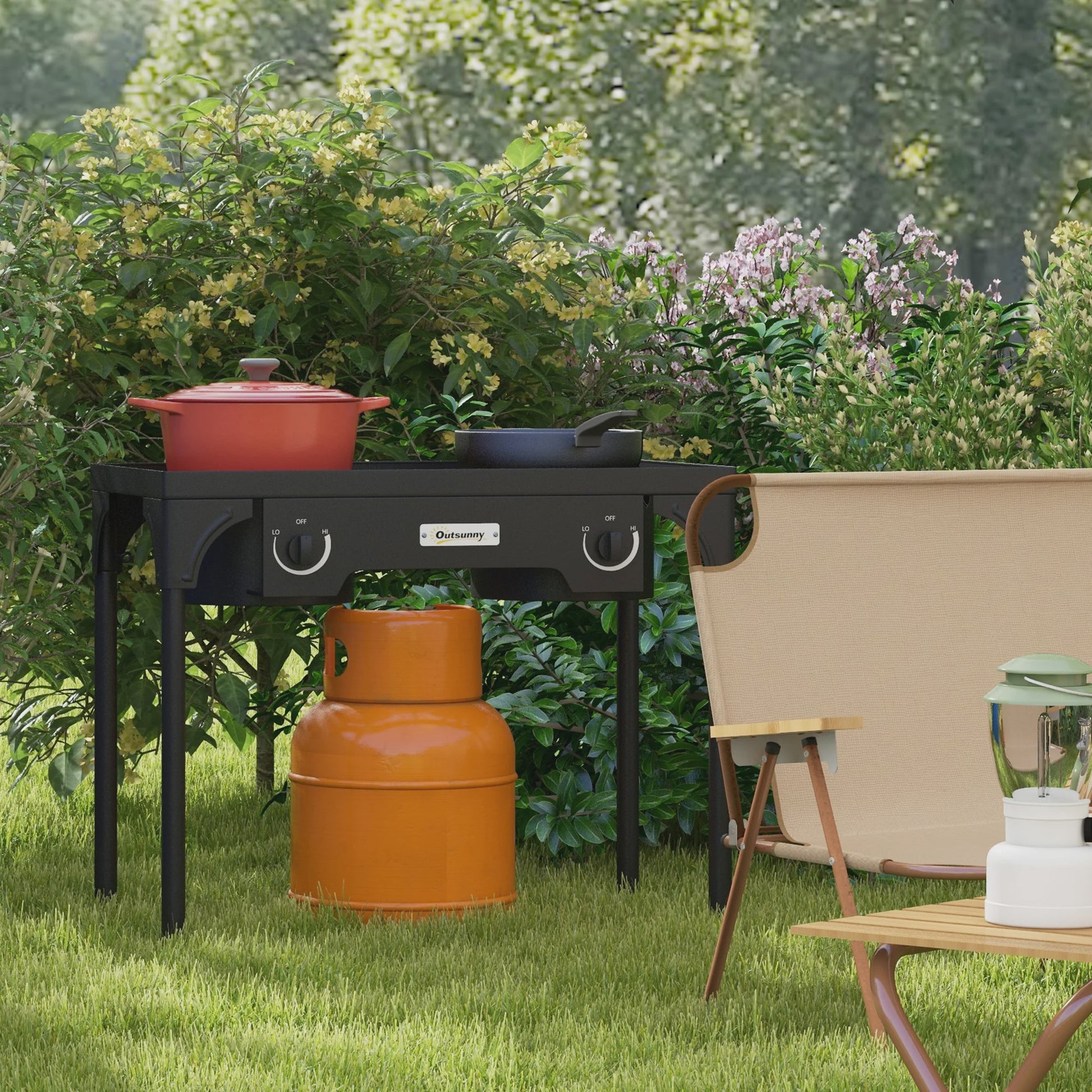Outsunny Draagbaar Dubbel Propaan Gasfornuis - 92000 BTU/u - Afneembare Poten voor Buiten & Camping