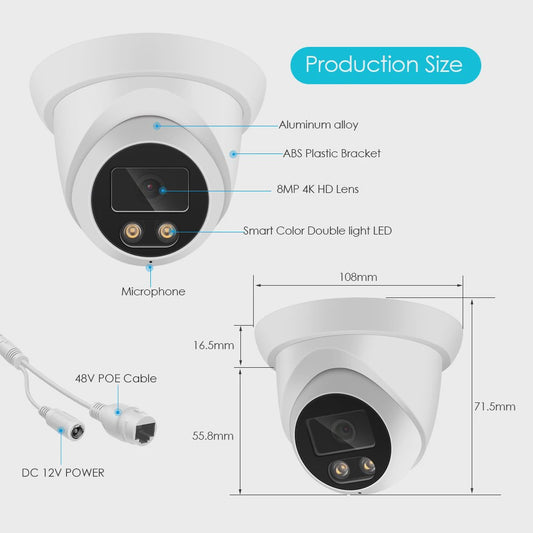 4K 8MP IP Camera met Audio, PoE, H.265, Onvif, Wide Angle & AI Kleuren Nachtzicht