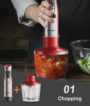 BioloMix Red 1200W 4-in-1 Hand Blender: Krachtige Staafmixer met Hakker & Smoothiebeker voor Babyvoeding en IJs