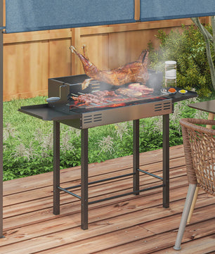 Outsunny Kolen BBQ met 3-traps Grillrooster, Inklapbare Zijtafels en Rotisserie - 118x32x90 cm Zwart