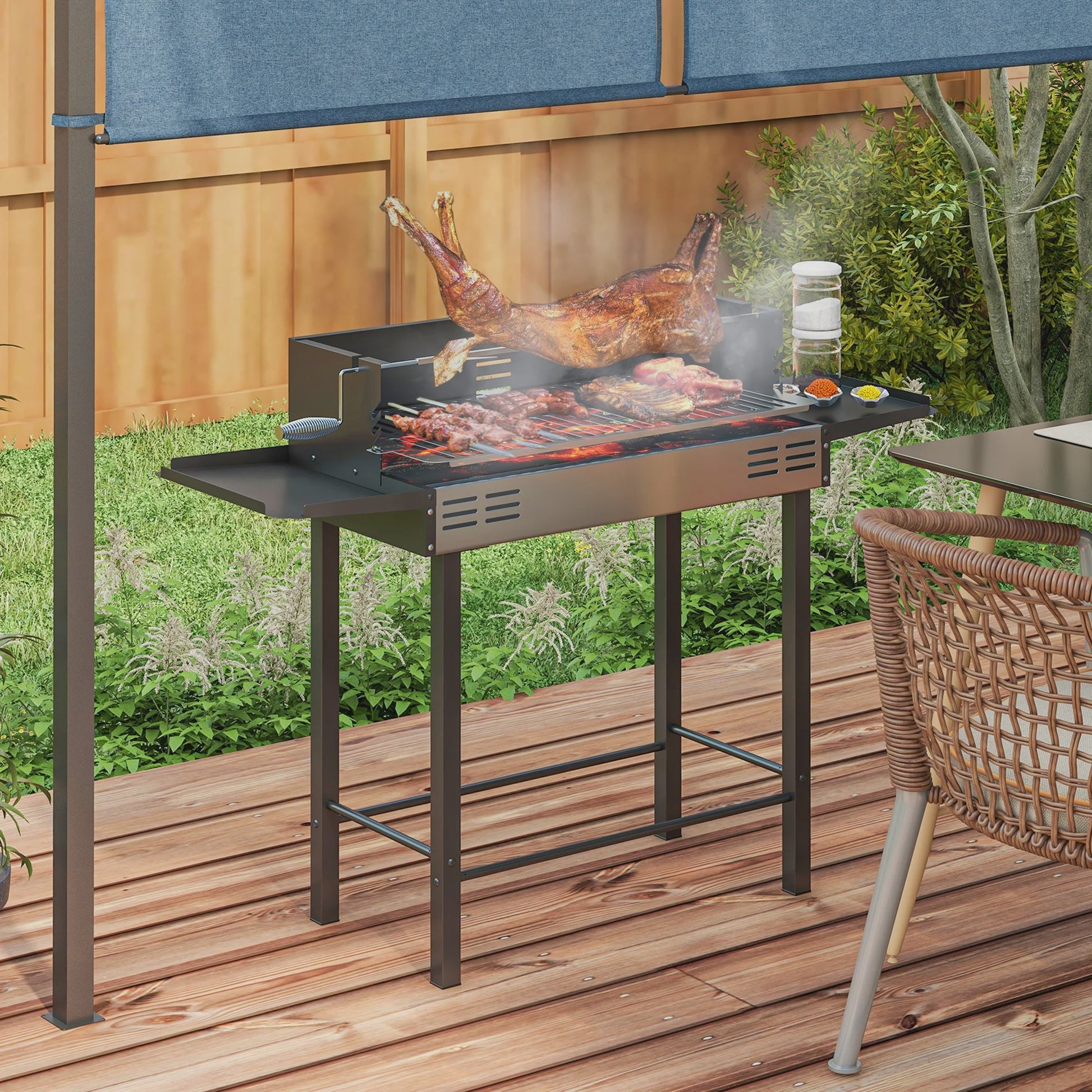 Outsunny Kolen BBQ met 3-traps Grillrooster, Inklapbare Zijtafels en Rotisserie - 118x32x90 cm Zwart