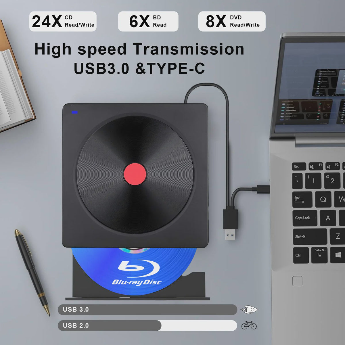 Externe Blu-ray Drive USB 3.0 & Type-C - Draagbare BD/DVD/CD Brander & Lezer voor Laptop & PC