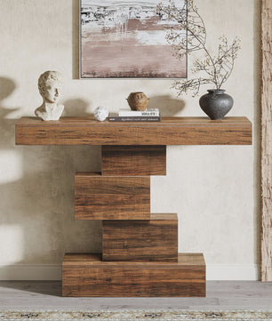 Rustieke Houten Console Tafel 108cm - Slimme Banktafel voor Hal of Entree met Geometrische Basis