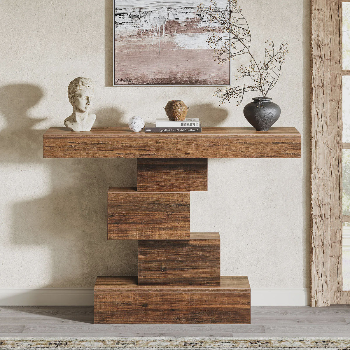 Rustieke Houten Console Tafel 108cm - Slimme Banktafel voor Hal of Entree met Geometrische Basis