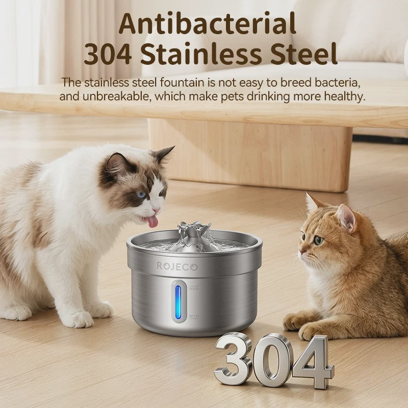 ROJECO Roestvrijstalen Drinkfontein voor Katten & Honden - Automatisch, 2L, Stil & Zuiverend