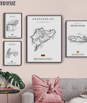 Vintage F1 Circuit Poster: Zwart-Wit Formule 1 Kunst voor de Raceliefhebber