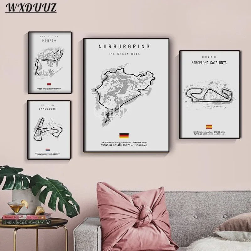 Vintage F1 Circuit Poster: Zwart-Wit Formule 1 Kunst voor de Raceliefhebber