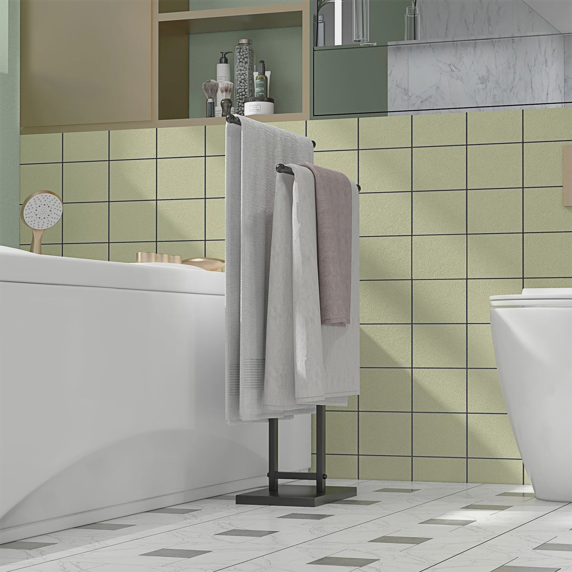 HOMCOM Handdoekhouder met 2 Niveaus - Zwart Metalen Staande Handdoekrek 50x18.5x85 cm