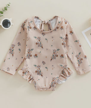 Zomerse Baby Meisjes Zwempak met Bloemenprint, Lange Mouwen en Ruches