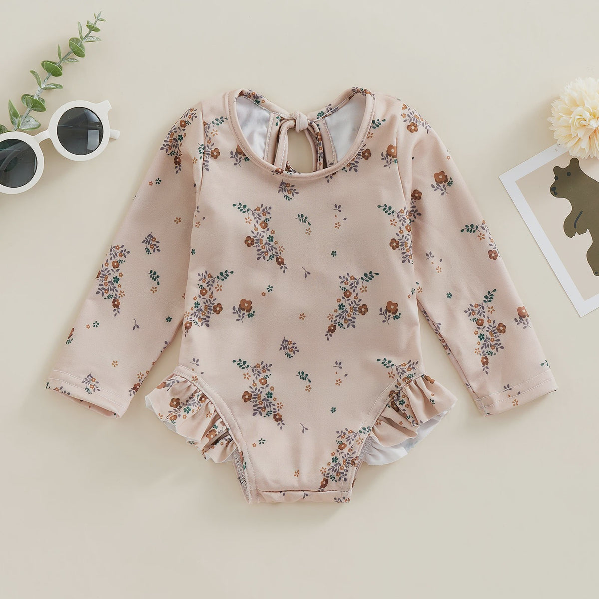 Zomerse Baby Meisjes Zwempak met Bloemenprint, Lange Mouwen en Ruches