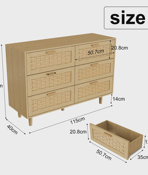 Ladekast met Rotan Front en Metalen Handgrepen - 6 Lades, 115 cm Breed