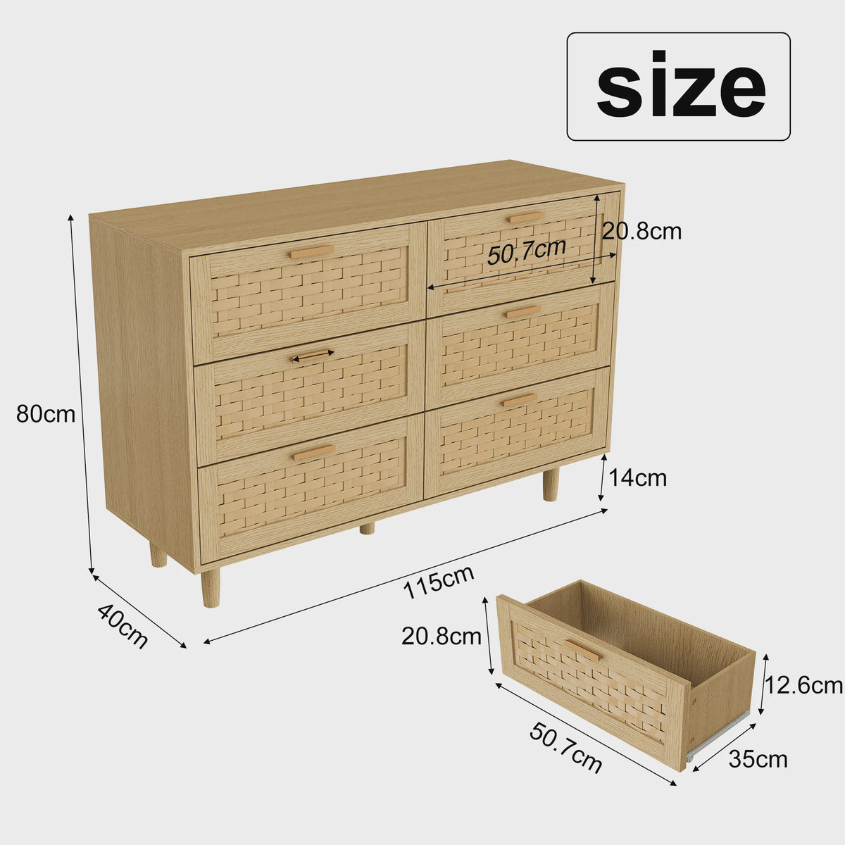 Ladekast met Rotan Front en Metalen Handgrepen - 6 Lades, 115 cm Breed