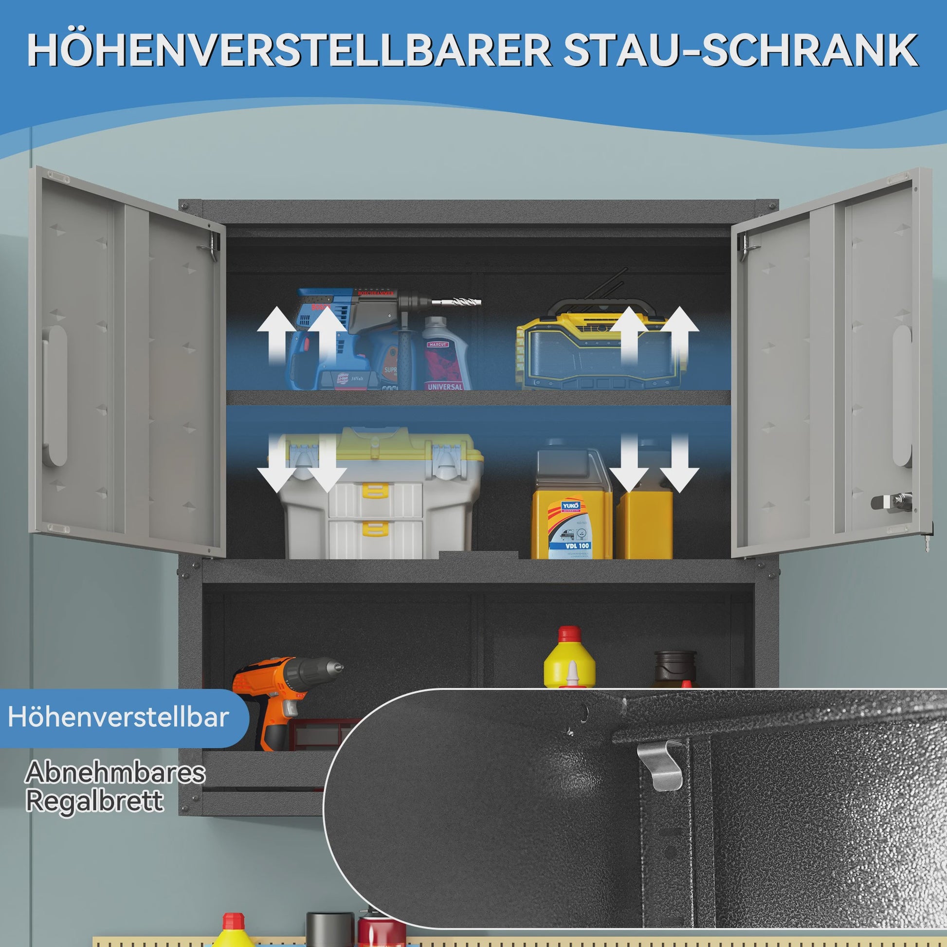 Grijze Metalen Wandkast met Slot, 1 Plank & 1 Open Lade - 75x77x30 cm