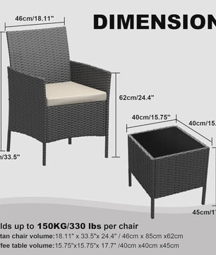 3-Delig Bistro Set: PE Rotan Terrasmeubilair met 2 Stoelen, Salontafel en Kussens voor Balkon en Tuin