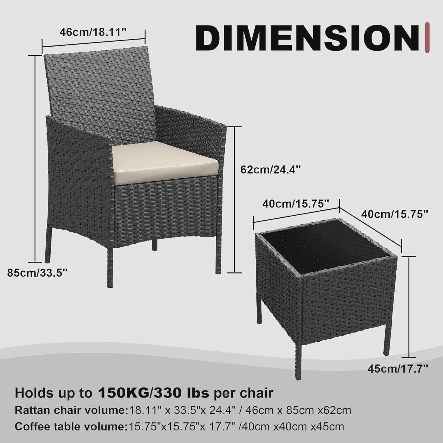 3-Delig Bistro Set: PE Rotan Terrasmeubilair met 2 Stoelen, Salontafel en Kussens voor Balkon en Tuin