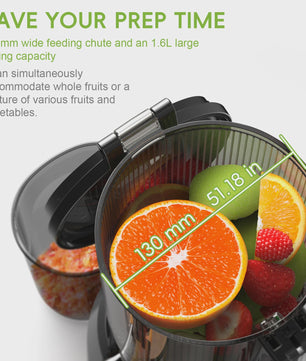 BioloMix Slowjuicer met 130mm invoertrechter - Hoge sapopbrengst, BPA-vrij, voor hele groenten & fruit