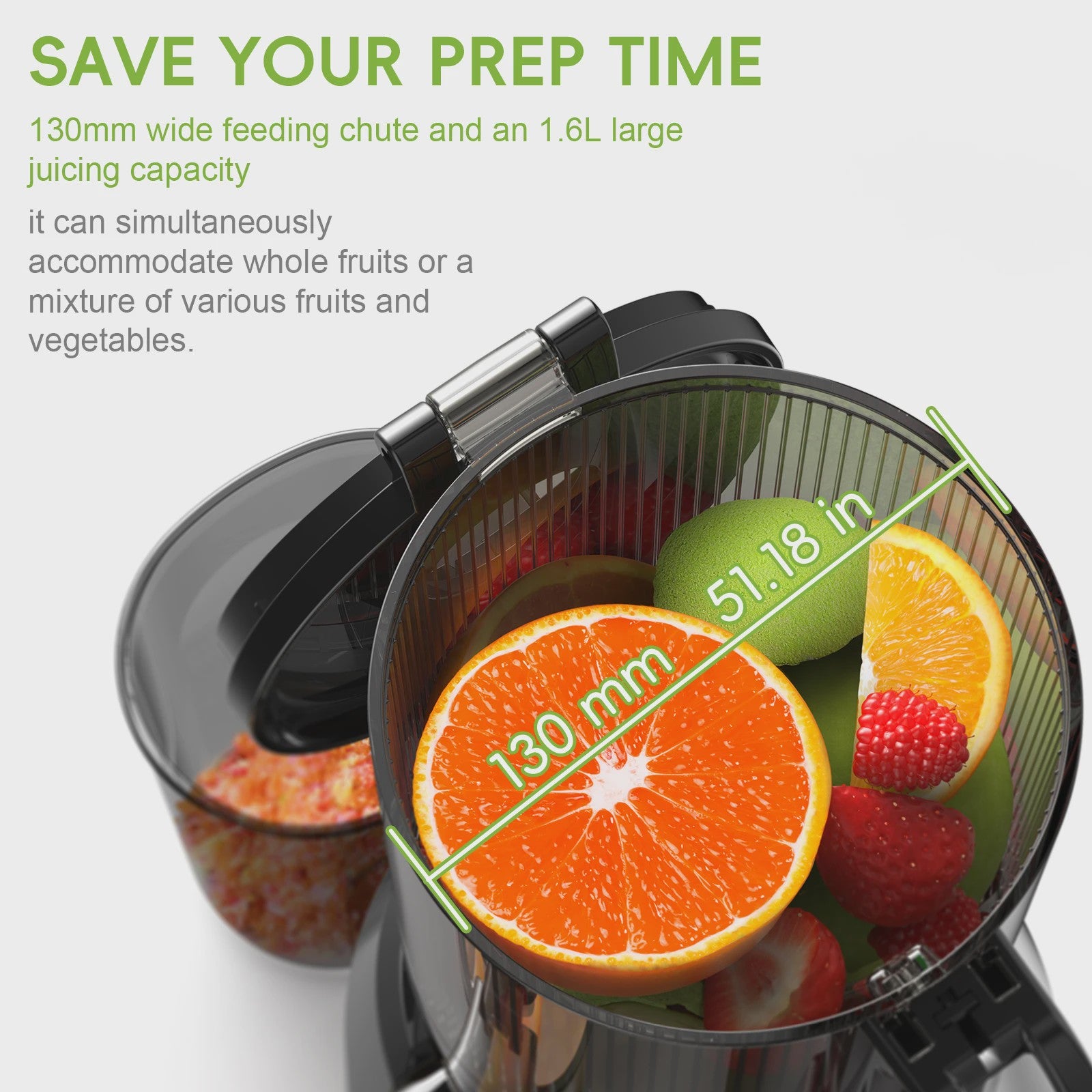 BioloMix Slowjuicer met 130mm invoertrechter - Hoge sapopbrengst, BPA-vrij, voor hele groenten & fruit