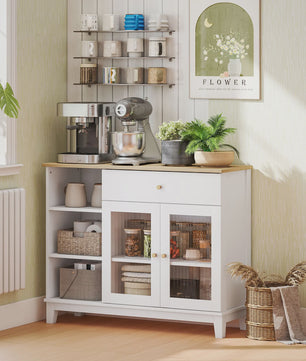 Stijlvol Wit Sideboard met Glazen Deuren, Lade en Open Vakken - 100x35x80.3 cm