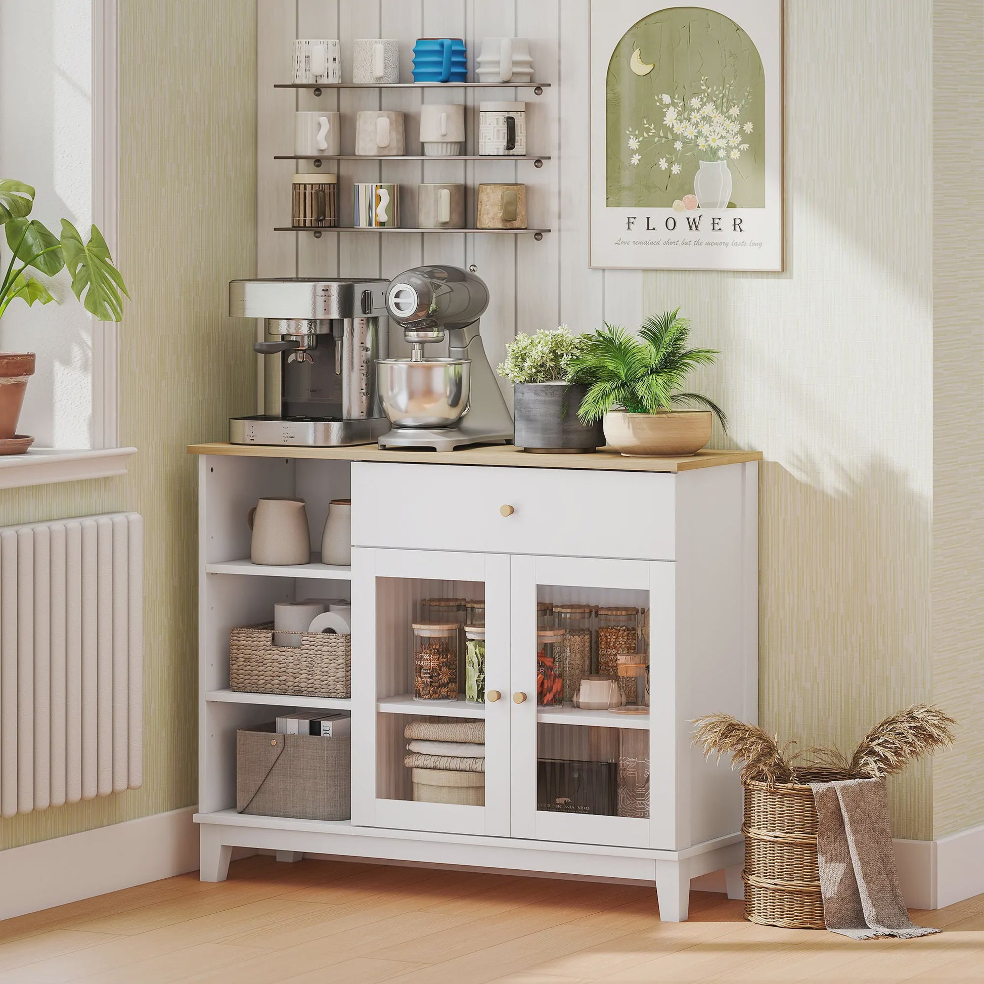 Stijlvol Wit Sideboard met Glazen Deuren, Lade en Open Vakken - 100x35x80.3 cm
