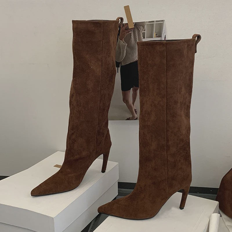 Chique Dames Hoge Laarzen met Puntige Neus en Lage Naaldhak - Herfst/Winter Collectie