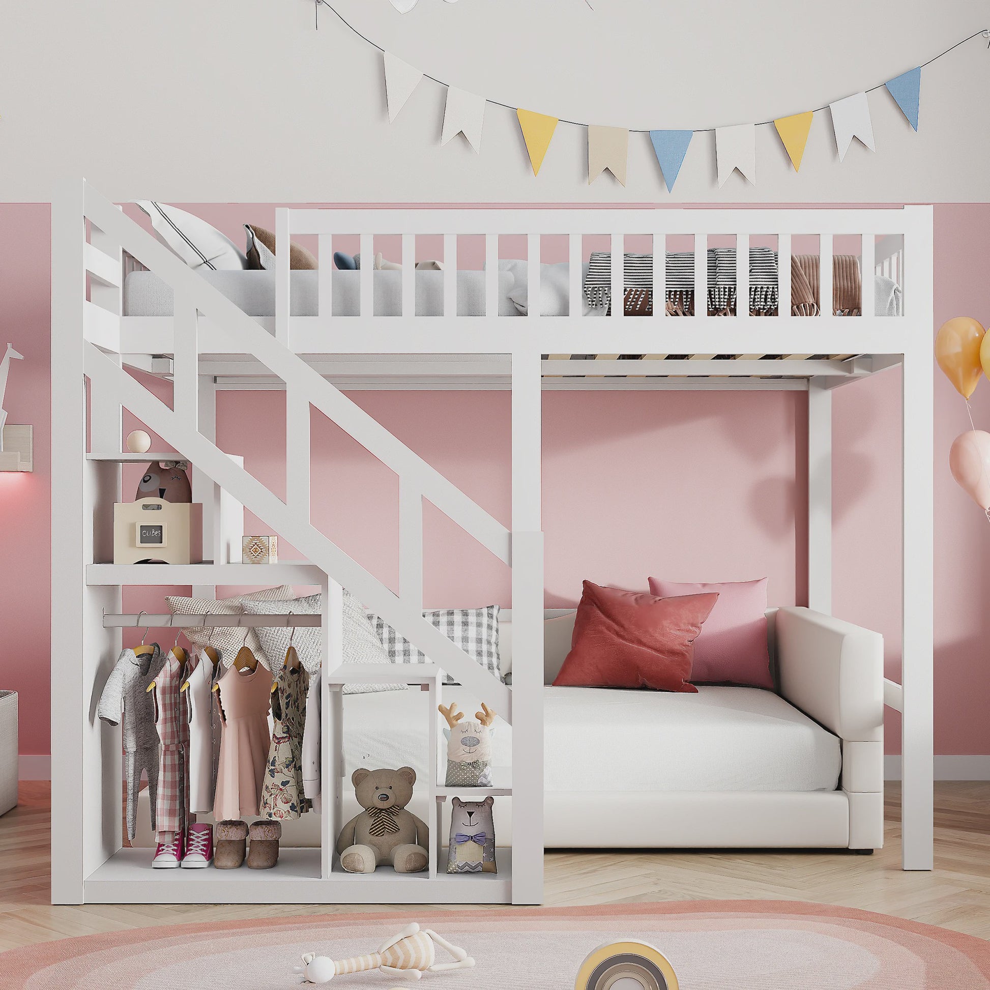 Wit Kinder Hoogslaper met Trap en Opbergkast - 90x200cm - Multifunctioneel Speelbed
