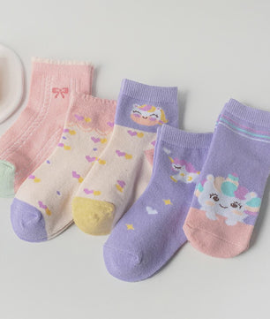 5 Paar Kindersokken Meisjes met Unicorn & Strik - Leuke Cartoon Mid-Calf Sokken voor Dagelijks Gebruik