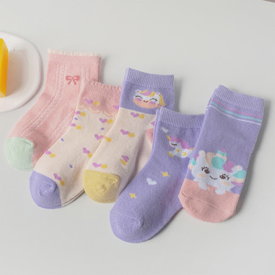 5 Paar Kindersokken Meisjes met Unicorn & Strik - Leuke Cartoon Mid-Calf Sokken voor Dagelijks Gebruik