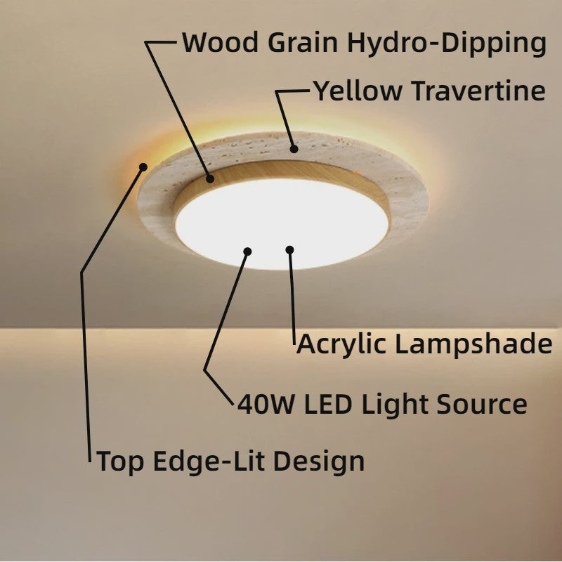 Wabi Sabi Travertin Plafondlamp 40W - Natuursteen & Houtkleur - 15.8 Inch