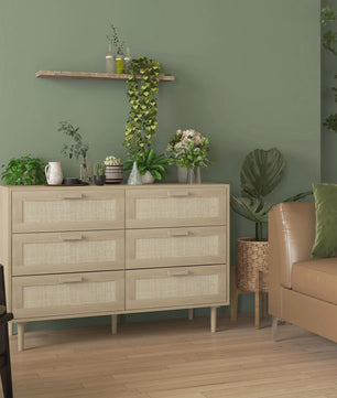 Stijlvolle Commode met 6 Lades en Rotan Fronten - Licht Hout Design - 110x40x75 cm