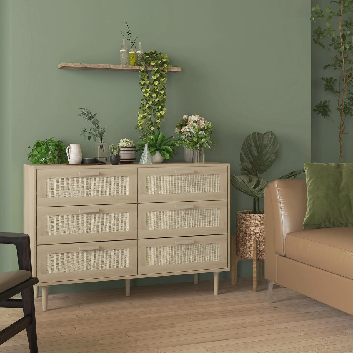 Stijlvolle Commode met 6 Lades en Rotan Fronten - Licht Hout Design - 110x40x75 cm