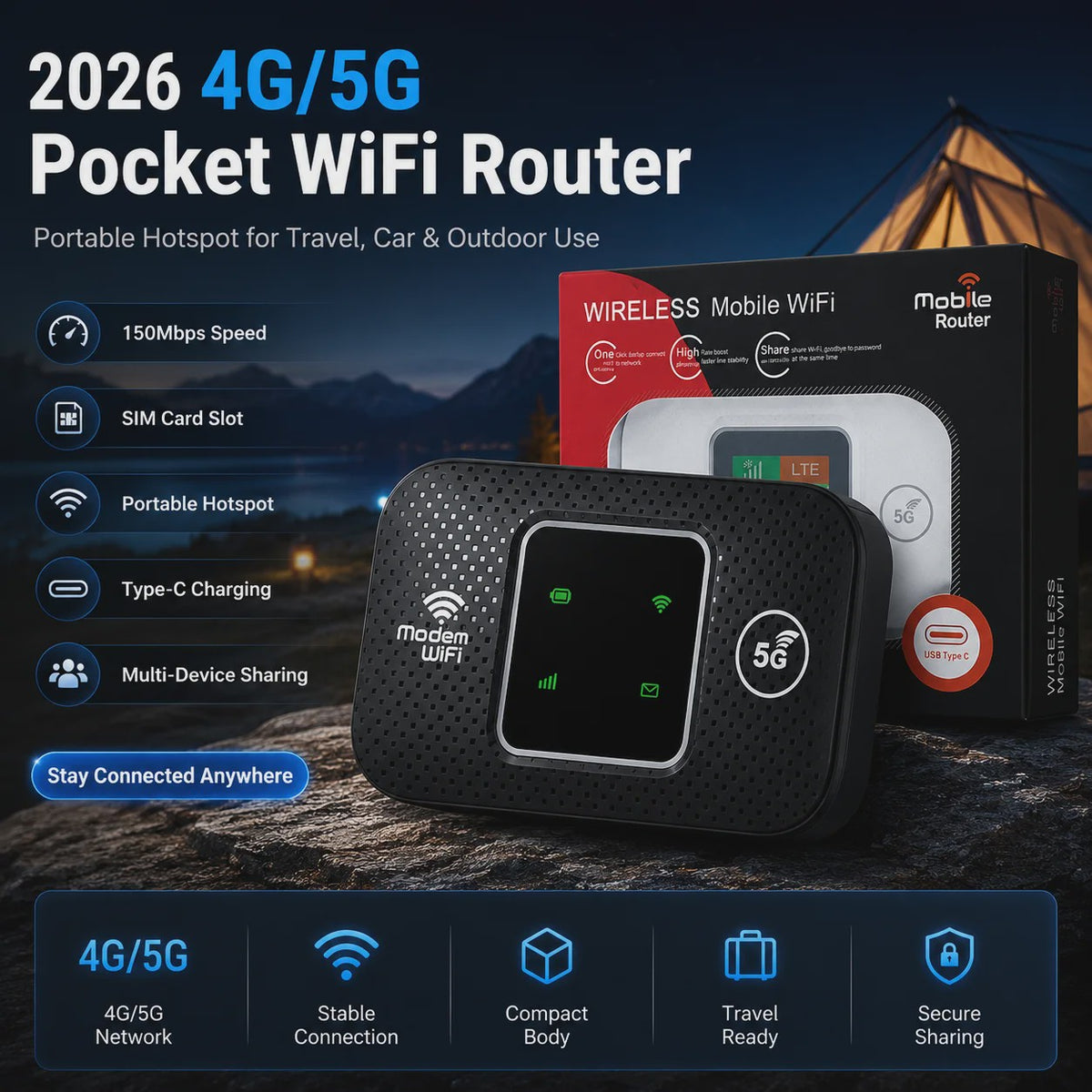 Draagbare 4G/5G Pocket WiFi Router MiFi Hotspot - 150Mbps Mobiel Internet voor Reizen & Auto