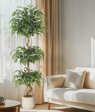 Kunst Ficus Boom met Gebogen Stam en Witte Pot - Realistische Zijde Plant voor Binnen & Buiten