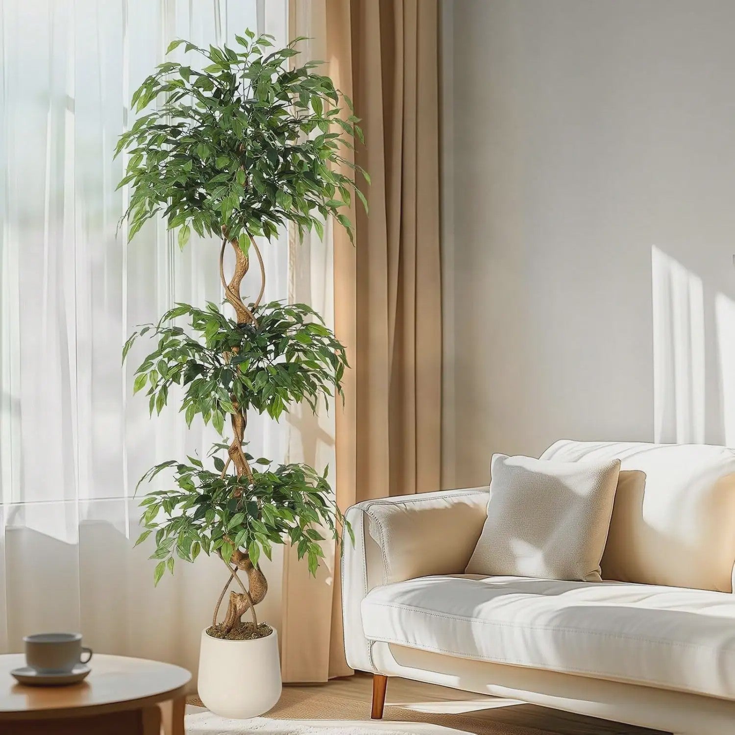 Kunst Ficus Boom met Gebogen Stam en Witte Pot - Realistische Zijde Plant voor Binnen & Buiten